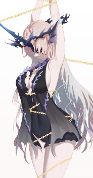 1girl absurdres armpits arms_up black_dress black_tabard blonde_hair blue_horns bound breasts chain clenched_teeth commentary covered_navel cowboy_shot dress gradient_hair grey_hair highres horns lany-yuyu-1097 large_breasts leviathan_(wuthering_waves) long_hair long_horns multicolored_hair single_horn solo tabard teeth thighs very_long_hair white_background wuthering_waves