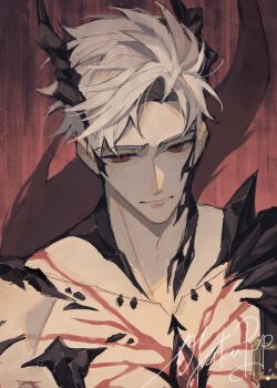 1boy artist_name body_markings chest_jewel closed_mouth demon_horns furrowed_brow gem grey_hair highres horns looking_at_viewer love_and_deepspace male_focus otakupup parted_bangs red_background red_eyes red_gemstone short_hair solo sylus_(love_and_deepspace) topless_male upper_body
