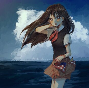 1girl apple arm_behind_head arm_up banana black_eyes black_hair black_sweater_vest blue_sky blush bright_pupils cloud collared_shirt day food fruit grapes hair_between_eyes hashtag-only_commentary holding_picnic_basket long_hair looking_at_viewer lulu_(blululu) mari_(faraway)_(omori) mari_(omori) neckerchief omori open_mouth outdoors picnic_basket pleated_skirt red_neckerchief red_skirt shirt short_sleeves skirt sky smile solo sweater_vest water white_pupils white_shirt