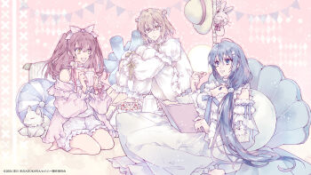 3girls book candy_heart commentary_request cup dress end_card food frilled_dress frilled_sleeves frills guest_art hair_ribbon hat highres holding holding_book holding_cup holding_food hugging_own_legs kneeling multiple_girls oumi_shiori pastel_colors pillow pink_background ribbon sitting sleepwear stuffed_animal stuffed_toy tanemura_arina teapot watashi_wo_tabetai_hitodenashi yaotose_hinako yashiro_miko