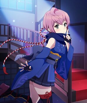 1girl ahoge asymmetrical_legwear bare_shoulders black_gloves black_socks black_thighhighs blue_kimono blue_sash blue_scarf blush dappled_moonlight finger_to_mouth fingerless_gloves from_side game_cg gloves green_eyes hand_up high_heels index_finger_raised indoors japanese_clothes kimono kneehighs looking_at_viewer looking_to_the_side moonlight nagasaki_sumi night ninja obi official_art purple_hair purple_shoes railing rope sash scarf shimenawa shoes short_hair shushing single_kneehigh single_sock single_thighhigh sleeveless sleeveless_kimono socks solo stairs standing standing_on_one_leg thighhighs third-party_source toji_no_miko toji_no_miko:_kizamishi_issen_no_tomoshibi window zettai_ryouiki