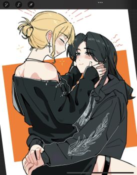 2girls art_program_in_frame black_eyes black_hair black_hoodie black_shirt blonde_hair blush chinese_commentary closed_eyes commentary_request hands_on_another&#039;s_cheeks hands_on_another&#039;s_face highres hood hoodie long_hair mole mole_above_mouth multiple_girls off-shoulder_shirt off_shoulder on_lap open_mouth procreate_(medium) real_life sasaki_rico_(voice_actor) shirt short_hair sitting sleeves_past_wrists thigh_strap voice_actor xiaowu0074 yonezawa_akane yuri