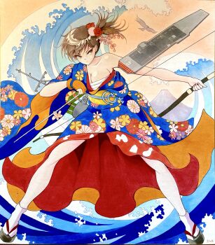 1girl agano_class_no3 blush bow_(weapon) breasts brown_eyes brown_hair chest_sarashi cleavage commentary_request floral_print flower full_body gloves green_gloves hair_flower hair_ornament highres holding holding_bow_(weapon) holding_weapon japanese_clothes kaga_(kancolle) kantai_collection kimono large_breasts looking_at_viewer looking_to_the_side partially_fingerless_gloves sarashi side_ponytail single_bare_shoulder solo two-tone_kimono weapon