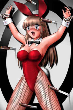 1girl animal_ears bdsm blush bondage bound breasts brown_hair cleavage detached_collar fake_animal_ears female_focus fishnet_pantyhose fishnets hairband knife knife_throwing large_breasts long_hair open_mouth original pantyhose peril playboy_bunny rabbit_ears rabbit_tail rope scared shingyouji_tatsuya solo spread_eagle_position standing sweat tail target tears throwing_knife weapon wrist_cuffs