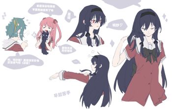 3boys animal arm_at_side ayase_miya azumi_risa black_bow black_hair black_hairband bow cat chinese_text closed_eyes closed_mouth commentary green_hair hairband hand_on_own_arm hand_up holding holding_animal index_finger_raised long_hair long_sleeves multiple_boys nervous_sweating open_mouth outstretched_arm pink_hair pointing red_eyes school_uniform shanxumao shinozaki_rikka short_sleeves simple_background sono_hanabira_ni_kuchizuke_wo speech_bubble st._michael's_school_uniform sweat translation_request twintails white_background