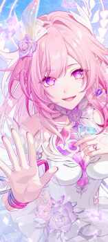 1girl absurdres bad_link bare_shoulders breasts cyrene_(demiurge)_(honkai:_star_rail) cyrene_(honkai:_star_rail) diamond-shaped_pupils diamond_(shape) dress earrings fingernails flower hair_flower hair_intakes hair_ornament hand_up highres honkai:_star_rail honkai_(series) hoyolab_username jewelry looking_at_viewer medium_breasts nail_polish parted_lips pink_hair pink_nails pink_petals pochimaru_(marumaru_wanwan) pointy_ears purple_flower purple_rose rose sidelocks smile solo symbol-shaped_pupils upper_body white_dress