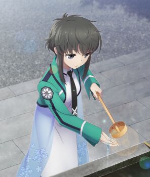 Rule 34 | 1girl, black necktie, blue skirt, breasts, dress, emblem, first high school uniform, game cg, green shrug, grey eyes, grey hair, holding, holding ladle, kitayama shizuku, ladle, lens flare, long sidelocks, long sleeves, looking at hand, mahouka koukou no rettousei, necktie, official art, outdoors, outstretched hand, parted lips, pouring, print skirt, school uniform, see-through skirt layer, short hair with long locks, shrug (clothing), sidelocks, skirt, small breasts, snowflake print, solo, stone walkway, third-party source, toji no miko, toji no miko: kizamishi issen no tomoshibi, white dress
