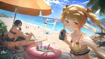 5girls absurdres ahoge ball beach_umbrella beachball bikini black_bikini black_hair blonde_hair blue_hair blue_sky bottle breasts can closed_eyes cloud commentary_request food fortissimo frills fruit glasses grin hair_ornament highres hiodoshi_ao holding holding_can hololive hololive_dev_is ichijou_ririka jacket juufuutei_raden long_hair looking_at_another lying multicolored_hair multiple_girls musical_note musical_note_hair_ornament navel on_back orange_eyes orange_hair otonose_kanade ponytail sky small_breasts smile swimsuit teeth todoroki_hajime tokaki twintails umbrella virtual_youtuber water watermelon white_hair