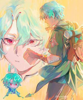 1boy akasha_terminal artist_name backpack bag black_bridal_gauntlets black_pants blue_hair book bridal_gauntlets brown_bag cape chibi closed_mouth commentary cowboy_shot dottore_(genshin_impact) earrings english_commentary expressionless genshin_impact green_cape grin hair_between_eyes hand_up hands_up head_rest highres holding holding_book holding_pen jewelry long_sleeves looking_at_viewer male_focus multiple_views pants parted_bangs pen red_eyes reneelric scroll shirt short_hair single_earring smile standing teeth twitter_username upper_body white_shirt yellow_background