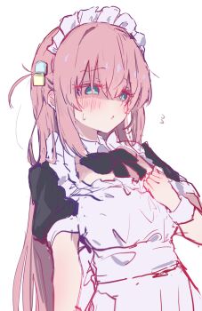 Rule 34 | 1girl, absurdres, apron, black bow, black bowtie, blue eyes, blush, bocchi the rock!, bow, bowtie, embarrassed, gotoh hitori, hair between eyes, hair ornament, hand on own chest, highres, kemu1209, long hair, looking to the side, maid, maid apron, maid headdress, mole, mole under eye, open mouth, pink hair, short sleeves, sidelocks, simple background, solo, sweat, sweatdrop, translation request, very long hair, white background