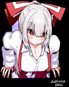 Rule 34 | 1girl, :|, absurdres, bent over, black border, border, bow, breasts, cleavage, closed mouth, collared shirt, dated, dot nose, fujiwara no mokou, grey hair, hair bow, high ponytail, highres, large breasts, long hair, neophyte, outside border, pants, partially unbuttoned, ponytail, raised eyebrows, red bow, red eyes, red pants, red suspenders, shirt, solo, suspenders, touhou, upturned eyes, white bow, white shirt, wing collar