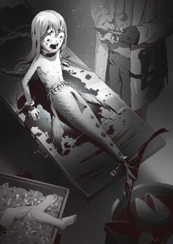 1boy 1girl barrel blood bound bound_arms bound_tail bound_wrists censored censored_nipples chain chain_leash collar crying doctor female_focus fins fish fish_tail gloves guro hair_between_eyes highres holding holding_knife ice ice_cube knife lab_coat leash loli long_hair lying mermaid mermaid_transformation metal_collar monochrome monster_girl napkin open_mouth operating_table original quentin_castel restrained scales scared screaming severed_leg severed_limb severed_tail standing stationary_restraints stethoscope table tail tears teeth thread transformation