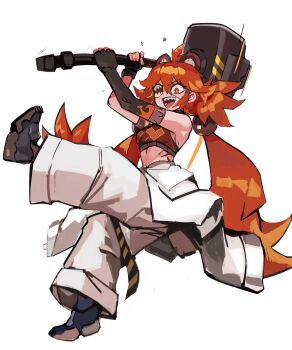 1girl 33dot absurdres ahoge animal_ears bare_shoulders bear_ears black_gloves breasts crop_top eyepatch fake_animal_ears fingerless_gloves gloves hair_between_eyes hair_ornament highres holding koleda_belobog long_hair looking_at_viewer midriff navel pants red_eyes red_hair simple_background solo sphere_hair_ornament twintails zenless_zone_zero