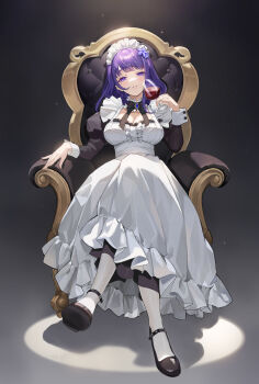 1girl absurdres alcohol alternate_costume apron black_slippers blunt_bangs bow bowtie breasts center_opening chair cleavage couch crossed_arms cup dress drinking_glass flower flower_ornament genshin_impact glass glint gradient_background grey_background gruneko_0 hair_flower hair_ornament head_tilt highres holding holding_cup huge_breasts korean_commentary light_particles long_hair long_sleeves looking_at_viewer maid maid_apron maid_headdress mole mole_under_eye multicolored_eyes on_chair on_couch pantyhose parted_lips pink_lips puffy_long_sleeves puffy_sleeves purple_eyes purple_flower purple_hair raiden_shogun shade shadow sitting slippers solo spotlight teeth white_apron white_headdress white_pantyhose white_wrist_cuffs wine wine_glass wrist_cuffs