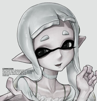 dress grey_background nintendo octoling octopusfish original pointy_ears splatoon_(series) splattershot_(splatoon) squid squidbeak_splatoon tentacle_hair white_dress white_hair