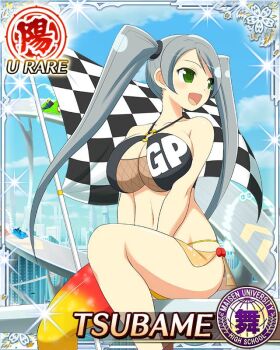 Rule 34 | 1girl, between legs, border, breasts, car, card (medium), character name, checkered flag, crop top, day, fishnets, flag, game cg, gradient pantyhose, green eyes, grey hair, hand between legs, large breasts, long hair, looking to the side, motor vehicle, navel, o-ring, o-ring top, official art, race queen, race vehicle, racecar, racetrack, senran kagura, senran kagura new wave, single leg pantyhose, sitting, skindentation, solo, swept bangs, third-party source, tsubame (senran kagura), twintails, very long hair