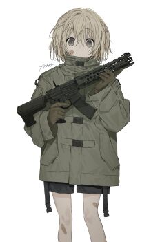 1girl 4_ge absurdres ar-15 assault_rifle bandaid bandaid_on_cheek bandaid_on_face bandaid_on_leg black_shorts blonde_hair brown_gloves closed_mouth coat commentary cowboy_shot duffel_coat empty_eyes expressionless gloves grey_coat grey_eyes gun highres holding holding_gun holding_weapon long_sleeves lvoa-c mole mole_under_eye original rifle short_hair shorts signature simple_background solo weapon white_background