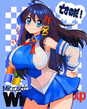 Rule 34 | !, !!, 1girl, blue eyes, breasts, checkered background, cowboy shot, detached sleeves, grabbing own breast, hair ornament, hand on own hip, highres, japanese text, large breasts, letter hair ornament, long hair, looking at viewer, microsoft windows, miniskirt, multicolored hair, os-tan, ribbon, skirt, solo, speech bubble, tsukiyono aroe, two-tone hair, windows logo, windows xp, xp-tan, yellow ribbon