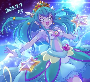 1girl aqua_choker aqua_eyes aqua_hair choker collarbone commentary_request cure_milky cure_milky_(twinkle_style) dated earrings hagoromo_lala hair_ornament highres jewelry long_hair looking_at_viewer magical_girl open_mouth pointy_ears precure see-through_clothes see-through_sleeves sky smile solo star_(sky) star_(symbol) star_earrings star_hair_ornament star_in_eye star_twinkle_precure starry_sky symbol_in_eye tiara zerolay