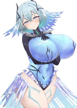 blue_eyes blue_hair blue_leotard breasts covered_navel fimbulvetr_(fire_emblem) fire_emblem fire_emblem_heroes huge_breasts leotard looking_at_viewer mistynight nintendo short_hair simple_background standing veil white_background