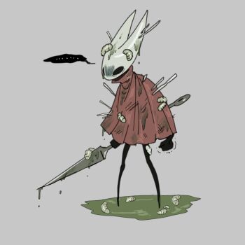 ... 1girl annoyed clenched_hand cloak commentary dirty dirty_clothes english_commentary full_body grey_background highres holding holding_weapon hollow_knight hollow_knight:_silksong hornet_(hollow_knight) larva lina_gtk nail_(hollow_knight) puddle red_cloak shaded_face simple_background solo spoken_ellipsis standing trembling weapon wet wet_clothes