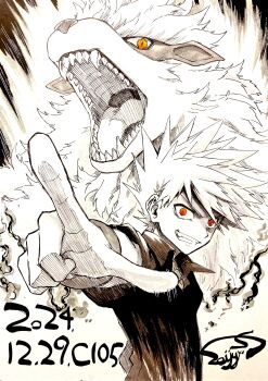 Rule 34 | 1boy, arcanine, blue oak, comiket 105, dated, gen 1 pokemon, greyscale, highres, male focus, medium hair, monochrome, nintendo, pointing, pokemon, pokemon (creature), pokemon frlg, red eyes, seijun, spiked hair, spot color