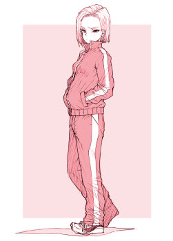 1girl android_18 dragon_ball dragon_ball_super full_body hands_in_pockets jacket jersey long_sleeves looking_at_viewer multicolored_hair pink_background ponsuke_(pon00000) short_hair solo standing track_jacket track_suit two-tone_hair white_background