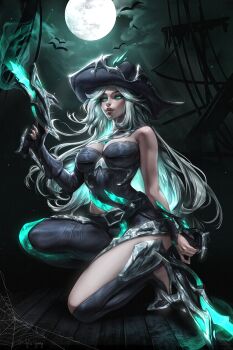 Rule 34 | absurdres, aylisnyan, breasts, cloud, cloudy sky, crop top, full moon, ghost, glowing, glowing eyes, glowing gun barrel, green eyes, hat, highres, large breasts, league of legends, miss fortune (league of legends), moon, night, pirate, pirate hat, pirate ship, ruined miss fortune, sky, squatting, white hair