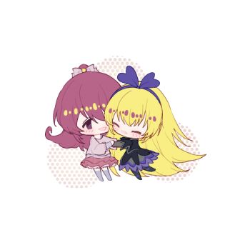 2girls ^_^ absurdly_long_hair aida_mana black_dress black_pantyhose blonde_hair bow bow_hairband bow_legwear chibi chinese_commentary closed_eyes commentary_request dokidoki!_precure dress frilled_dress frills grey_dress grey_shirt grey_thighhighs hair_between_eyes hair_bow hair_bun hair_ornament hairband halftone happy hug layered_dress layered_shirt layered_sleeves leg_up long_hair long_sleeves looking_at_another medium_dress miniskirt multiple_girls no_shoes pantyhose petticoat pink_bow pink_eyes pink_hair pink_shirt pink_skirt pleated_skirt precure purple_bow purple_hairband quqi_xiao_shuang regina_(dokidoki!_precure) shirt short_over_long_sleeves short_sleeves single_hair_bun skirt standing striped_sleeves tareme thighhighs very_long_hair white_background yuri zettai_ryouiki