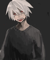 Rule 34 | 1boy, black background, black sweater, gloves, head tilt, looking at viewer, red eyes, sanma (sss sss ssu), simple background, slit pupils, solo, soul eater, soul evans, sweater, tongue, tongue out, white gloves, white hair