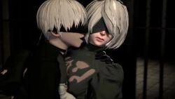 1boy 1girl 20s 2b_(nier:automata) 3d 60fps 9s_(nier:automata) age_difference android animated backpack bag bars black_choker black_coat black_dress black_gloves blender_(medium) blindfold bored breasts choker coat dainapp dpmaker dress forced bad_tag gloves hairband hand_on_another&#039;s_chest hetero highres hug indoors interpolated kiss kissing_cheek licking licking_another&#039;s_face long_sleeves looping_animation medium_breasts mole mole_under_mouth multicolored_gloves nier:automata nier_(series) platinumgames prison puffy_sleeves pushing pushing_away resized short_hair shota shotadom size_difference square_enix standing third-party_edit tongue tongue_out upscaled video white_gloves white_hair