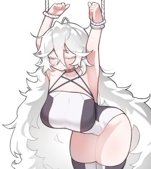 1girl :/ ahoge armpits arms_up bare_arms bent_over blush blush_stickers bound bound_wrists breasts choker closed_eyes collared_halterneck colored_eyelashes cowboy_shot criss-cross_halter double-parted_bangs fluffy_hair grey_one-piece_swimsuit grey_thighhighs hair_between_eyes halterneck highres huge_breasts kim_aendeo long_hair loose_hair_strand loosely_tucked_bangs one-piece_swimsuit original sidelocks skindentation solo standing striped_clothes striped_thighhighs sweat swimsuit thick_thighs thighhighs thighs unkempt upper_body very_long_hair white_background white_hair white_one-piece_swimsuit white_thighhighs wide_hips