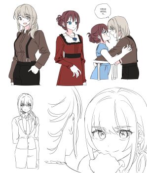 Rule 34 | 2girls, absurdres, black pants, blue dress, blue eyes, brown shirt, closed mouth, collared shirt, commentary request, dress, expressionless, eye contact, girls band cry, grey eyes, grey hair, habsida (habsida hpy), hair bun, hand on another's back, highres, holding hands, iseri nina, jewelry, kawaragi momoka, korean text, long hair, long sleeves, looking at another, multiple girls, necklace, necktie, open mouth, pants, parody, partially colored, red dress, shirt, simple background, smile, speech bubble, suspenders, titanic (movie), translation request, white background, yuri