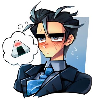 1boy black_hair black_suit blush food formal_clothes grey_eyes highres larry_(pokemon) male_focus necktie nintendo onigiri pokemon pokemon_sv speech_bubble suit thick_eyebrows thought_bubble zukich