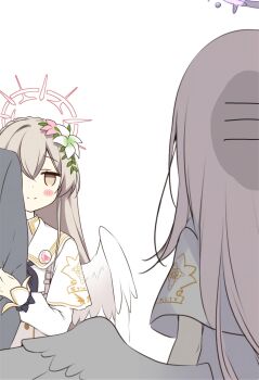 1boy 2girls absurdres aikumofuwari arm_hug black_bow black_neckerchief blue_archive blush_stickers bow braid brown_eyes brown_hair capelet closed_mouth commentary couple crown_braid dress feathered_wings flower hair_between_eyes hair_flower hair_ornament halo hetero highres jitome leaf_hair_ornament long_hair long_sleeves looking_at_another low_wings mika_(blue_archive) multiple_girls nagisa_(blue_archive) neckerchief pink_flower pink_hair pink_halo school_uniform sensei_(blue_archive) sleeve_bow smile smug split_mouth straight_hair trinity_general_school_logo upper_body very_long_hair white_capelet white_dress white_flower white_wings wings