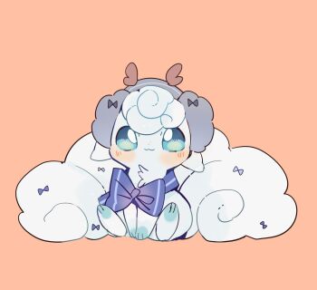 alolan_form alolan_vulpix blue_bow blue_eyes blush bow closed_mouth commentary earmuffs fox full_body gen_7_pokemon highres nintendo orange_background pokemon pokemon_(creature) simple_background sitting smile solo symbol-only_commentary yupo_0322