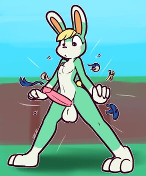 1boy animal_crossing assisted_exposure blush completely_nude erection exploding_clothes furry green_fur highres male_focus nintendo nude penis public_indecency public_nudity rabbit solo surprised testicles ulti