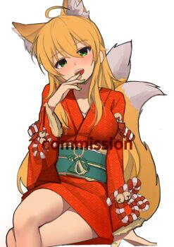Rule 34 | 1girl, absurdres, animal ear fluff, animal ears, blonde hair, breasts, commentary request, commission, crepe commission, fingernails, fox ears, fox girl, fox tail, green eyes, green nails, green sash, hair between eyes, hand up, highres, hoshii miki, idolmaster, idolmaster (classic), japanese clothes, kimono, kouhaku nawa, long hair, long sleeves, looking at viewer, multiple tails, nail polish, obi, open mouth, red kimono, rope, sash, shimenawa, simple background, sitting, soayo, solo, tail, two tails, watermark, white background