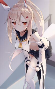 Rule 34 | 1girl, absurdres, adjusting clothes, adjusting legwear, ayanami (azur lane), ayanami (retrofit) (azur lane), azur lane, bed, blue skirt, breasts, closed mouth, commentary request, crop top, crop top overhang, detached sleeves, expressionless, hair between eyes, highres, indoors, leaning forward, long hair, long sleeves, looking at viewer, lows., navel, neckerchief, platinum blonde hair, pleated skirt, ponytail, red eyes, sailor collar, sidelocks, skirt, small breasts, solo, stomach, sunlight, thighhighs, thighs, white thighhighs, wide sleeves, yellow neckerchief