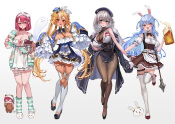 4girls :d :o absurdres alternate_costume animal_ear_fluff animal_ears apron aqua_jacket aqua_socks arm_at_side beer_mug belt beret black_bodystocking black_bra black_coat black_dress black_gloves black_hat black_shoes black_skirt blonde_hair blue_hair blue_hat blush bodice bodystocking bow bow_hairband bowtie bra bra_peek breasts brown_belt brown_bow brown_bowtie brown_eyes brown_skirt buttons center_frills chest_bow cleavage coat coat_on_shoulders colored_tips commentary_request corset cosplay cross-laced_clothes cross-laced_sleeves cup detached_collar detached_sleeves dirndl double-breasted dress elf empire_waist extra_ears fang fingerless_gloves framed_breasts frilled_apron frilled_dress frilled_shirt_collar frilled_skirt frilled_thigh_strap frills full_body fur-trimmed_coat fur_trim german_clothes gloves gluteal_fold green_eyes grey_hair hair_between_eyes hair_ribbon hairband hand_up hat heterochromia high-waist_skirt high_heels highres hikimayu holding holding_cup holding_stuffed_toy hololive hololive_fantasy houshou_kumarine houshou_marine houshou_marine_(businesswoman) houshou_marine_(cosplay) id_card jacket lanyard lapels large_breasts long_hair looking_at_viewer loungewear maid medium_hair miniskirt mug multicolored_hair multicolored_jacket multiple_girls off_shoulder office_lady open_mouth orange_eyes pekomon_(usada_pekora) pointy_ears pom_pom_(clothes) puffy_detached_sleeves puffy_short_sleeves puffy_sleeves rabbit_ears rabbit_girl red_eyes red_hair red_shoes ribbon rum_raisin_(chihiromakita19) see-through_cleavage see-through_clothes shadow shiranui_flare shiranui_flare_(cosplay) shiranui_flare_(loungewear) shirogane_noel shirogane_noel_(cosplay) shirogane_noel_(dirndl) shirt shoes short_dress short_eyebrows short_sleeves sidelocks simple_background skin_fang skindentation skirt sleeveless sleeveless_shirt sleeves_past_fingers sleeves_past_wrists slippers small_breasts smile socks standing standing_on_one_leg streaked_hair striped_clothes striped_jacket striped_socks stuffed_animal stuffed_toy tassel teddy_bear thick_eyebrows thigh_belt thigh_strap thighhighs two-tone_jacket two-tone_socks two_side_up underwear usada_pekora usada_pekora_(jiangshi) usada_pekora_(cosplay) very_long_hair virtual_youtuber waist_apron white_apron white_background white_dress white_hair white_hairband white_ribbon white_shirt white_thighhighs yellow_eyes