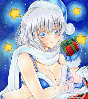1girl bikini blue_background blue_bikini blue_eyes blue_gloves blue_hat breasts cleavage fur_bikini fur_gloves gloves hashtag-only_commentary hat letty_whiterock looking_at_viewer nekofish666 santa_hat scarf solo star_(symbol) swimsuit touhou white_hair white_scarf