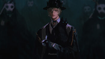 1boy animal animal_ears arknights black_cat black_choker black_gloves black_hat black_jacket black_necktie blurry blurry_background cat cat_boy cat_ears choker collar collared_shirt commentary dark eucharist_(susukinoo) fedora formal_clothes gloves glowing glowing_eyes hair_between_eyes hat highres holding holding_mask jacket long_sleeves looking_at_viewer male_focus mask necktie phantom_(arknights) shirt short_hair skull skull_mask solo_focus top_hat upper_body white_shirt yellow_eyes