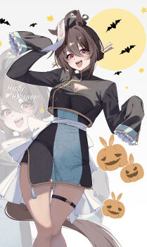 1girl absurdres agnes_tachyon_(umamusume) animal_ears black_hat black_shirt black_skirt blush breasts brown_hair cleavage cleavage_cutout clothing_cutout french_kiss hat high-waist_skirt highres horse_ears horse_girl horse_tail kiss koroeda6 looking_at_viewer ofuda ofuda_on_head open_mouth red_eyes shirt short_hair skirt sleeves_past_fingers sleeves_past_wrists solo tail teeth umamusume upper_teeth_only