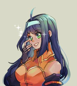 1girl ahoge bare_shoulders breasts charmwitch fingerless_gloves fire_emblem fire_emblem:_path_of_radiance fire_emblem:_radiant_dawn gloves green_eyes grin hairband highres long_hair looking_at_viewer medium_breasts mia_(fire_emblem) nintendo purple_hair smile solo white_hairband