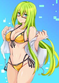 1girl absurdres amashirotenna aqua_eyes bare_shoulders bikini black-framed_eyewear blue_background blue_eyes blush breasts cleavage closed_mouth collarbone commentary_request cowboy_shot front-tie_bikini_top front-tie_top glasses gold_bikini green_eyes green_hair groin hair_between_eyes halterneck highres hood jacket jacket_over_swimsuit large_breasts liese_vir-alte long_hair looking_at_viewer medium_breasts navel open_clothes open_jacket orange_bikini original rectangular_eyewear semi-rimless_eyewear side-tie_bikini_bottom solo standing string_bikini swimsuit under-rim_eyewear very_long_hair wavy_mouth white_jacket yellow_bikini