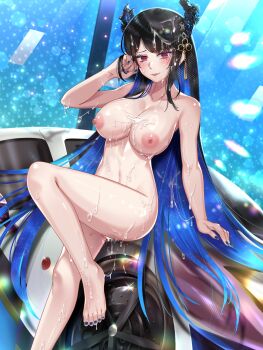 1girl :q asymmetrical_horns bare_arms bare_legs barefoot black_hair blue_hair blue_nails breasts car clothes_writing collarbone colored_inner_hair completely_nude cum cum_on_body cum_on_breasts cum_on_hair cum_on_upper_body facial flower flower_knot hair_ornament hand_up heart heart-shaped_pupils highres hololive hololive_english horn_flower horns large_breasts liyan1112 long_hair looking_at_viewer mole mole_under_eye motor_vehicle multicolored_hair nail_polish navel nerissa_ravencroft nipples nude purple_eyes sidelocks sitting solo symbol-shaped_pupils tassel tassel_hair_ornament toenail_polish toenails tongue tongue_out uneven_horns very_long_hair virtual_youtuber