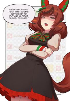 1girl animal_ears bdsm black_dress blush bow bowtie breasts brown_eyes brown_hair crossed_arms diagonal-striped_bow dress ear_bow ear_covers ear_ornament ear_ribbon english_text femdom gameplay_mechanics green_bow green_bowtie highres horse_ears horse_girl horse_tail juliet_sleeves long_sleeves looking_at_viewer medium_hair multicolored_hair nice_nature_(poinsettia_ribbon)_(umamusume) nice_nature_(umamusume) open_mouth puffy_sleeves sadism solo speech_bubble streaked_hair striped_bow striped_bowtie striped_clothes tail teeth tenescross twintails umamusume