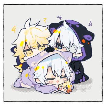 3boys @_@ animal_costume animal_hood antenna_hair blonde_hair blush_stickers character_doll chibi chibi_only closed_eyes commentary_request doll eyepatch flame_reaver_of_the_deepest_dark holding holding_doll honkai:_star_rail honkai_(series) hood lay0x0 male_focus multiple_boys mydei_(honkai:_star_rail) onesie pajamas phainon_(honkai:_star_rail) phainon_(khaslana)_(honkai:_star_rail) short_hair squiggle squiggle_eyes white_hair yellow_eyes