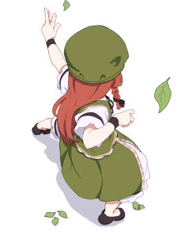 Rule 34 | 1girl, absurdres, beret, black bow, black shoes, bow, braid, chinese clothes, clenched hand, falling leaves, from behind, full body, green hat, green skirt, green vest, hair bow, hat, highres, hong meiling, kame (kamepan44231), leaf, long hair, red hair, shirt, shoes, short sleeves, side braid, skirt, solo, touhou, vest, white background, white shirt