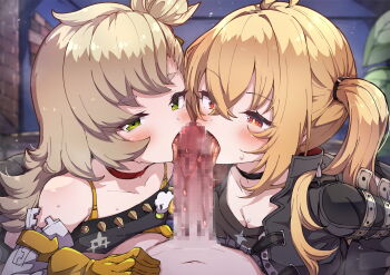 1boy 2girls bare_shoulders black_jacket black_shirt black_tube_top blonde_hair blush breasts choker commentary_request cooperative_fellatio erection fellatio gloves green_eyes hetero highres jacket jon_(pixiv31559095) loli long_hair long_sleeves looking_at_penis looking_at_viewer luciana_de_montefio multiple_girls open_mouth oral partial_commentary penis piper_wheel red_eyes shirt side_ponytail small_breasts strapless teamwork_(sexual) tongue tongue_out tube_top yellow_gloves zenless_zone_zero
